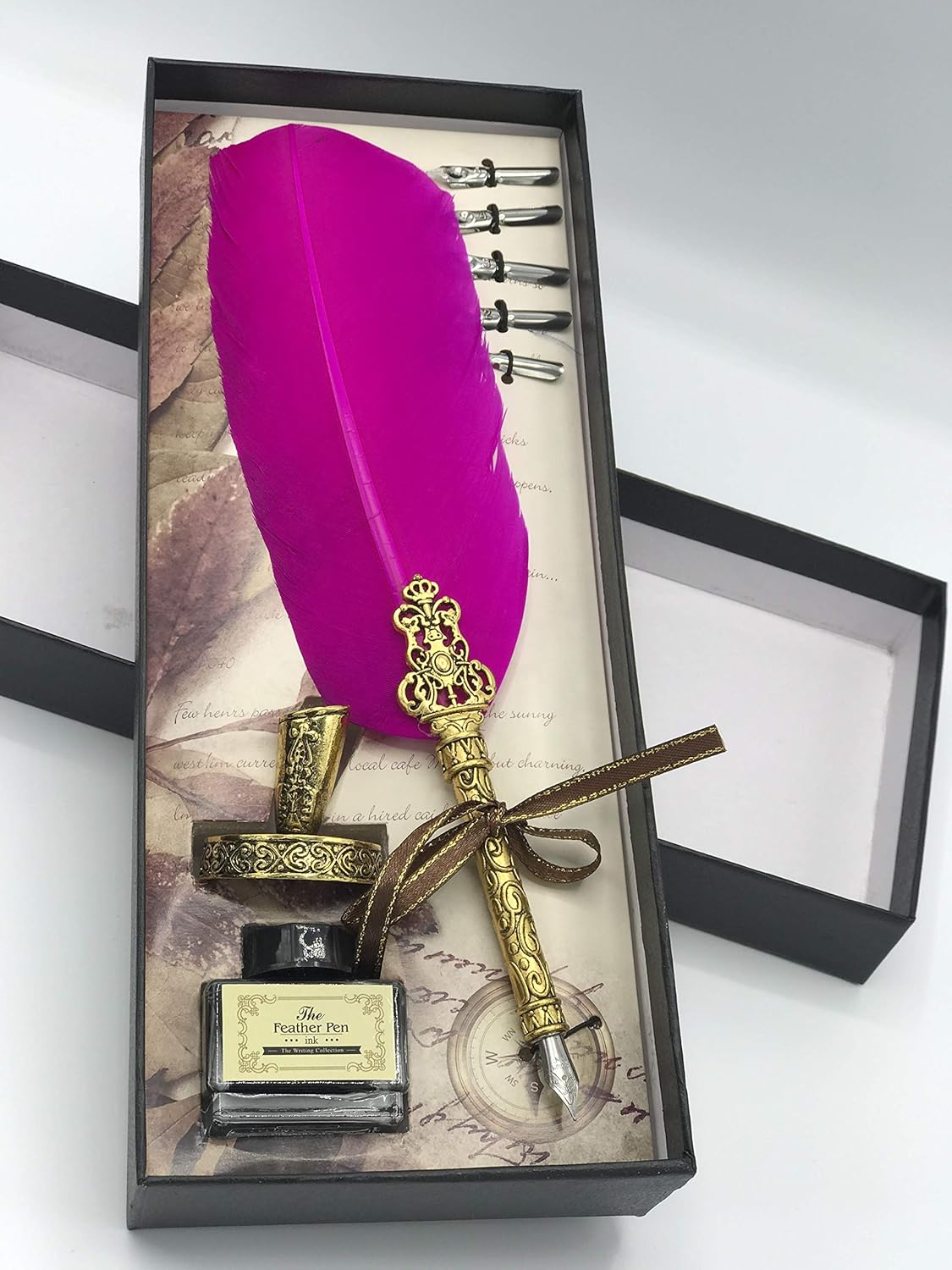 Antique Dip Feather Pen Set – Vintage Calligraphy Quill with 5 Nibs, Ink & Pen Stand (Dark Pink)