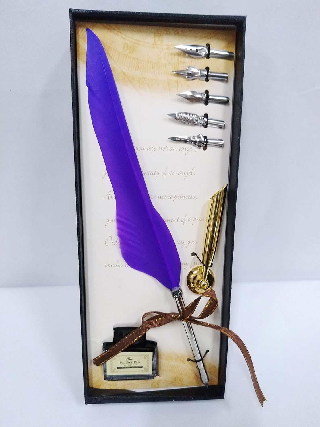 Calligraphy Feather Dip Quill Pen Writing Ink Set – Antique Feather Pen with 5 Nibs, Ink Bottle & Pen Holder – Elegant Stationery Gift Box (Green / Violet / Black)