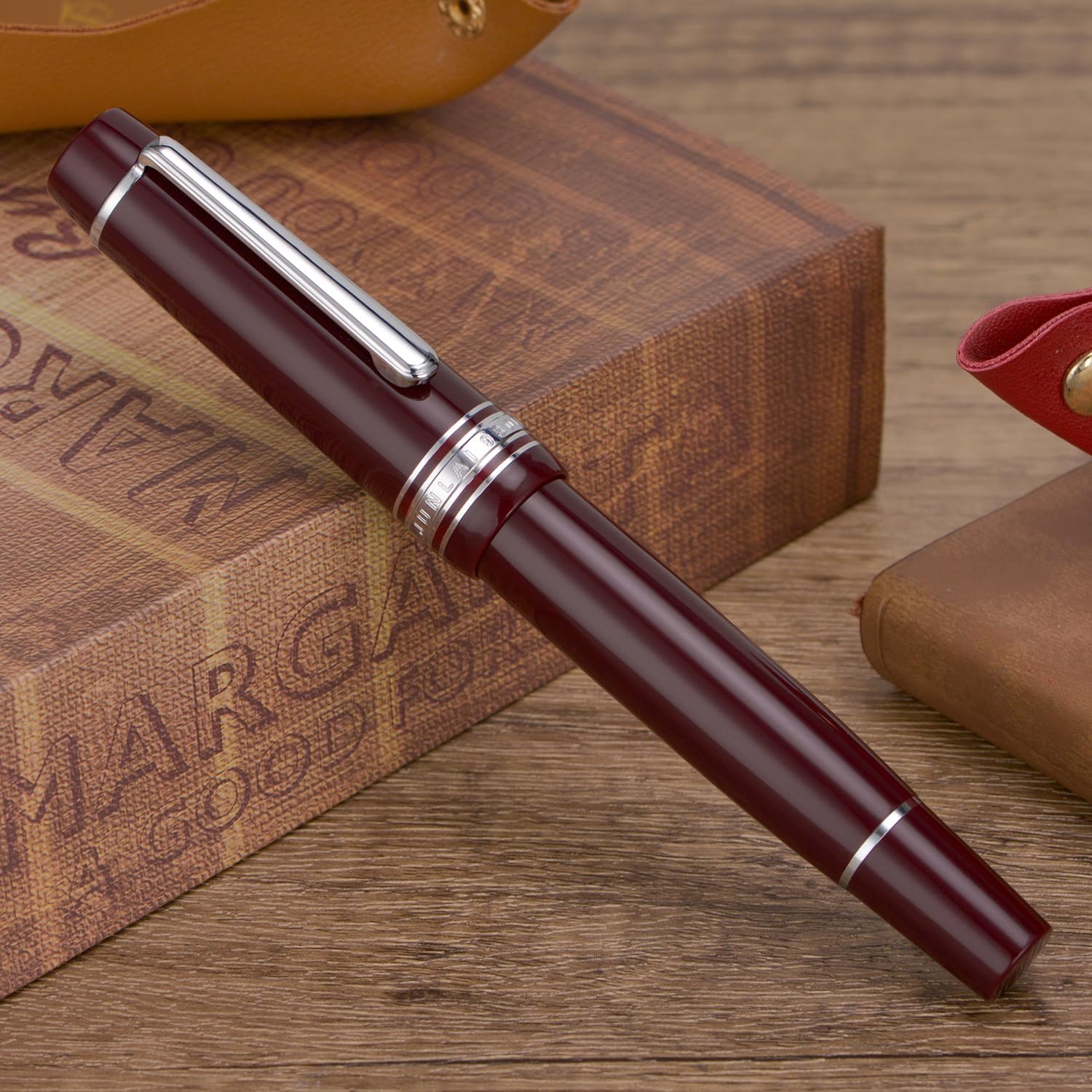 WingSung Junlai 930 Acrylic Fountain Pen – Flat Top Design with Piston Filling System, Size #9 Iridium Nib in Fine, Medium & Broad – Wine Red Fence Ink Tank with Silver Trim (No Ink)