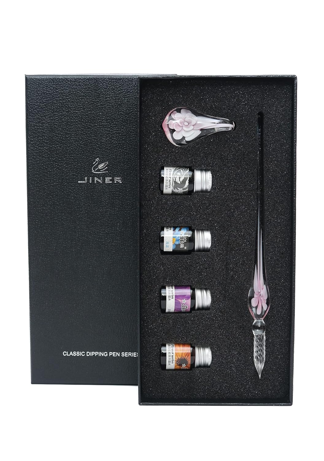 Glass Dip Pen Set – Multicolor Flower Design Glass Pen with 4 Mini Ink Bottle, Pen Holder With Flower Design & Gift Box