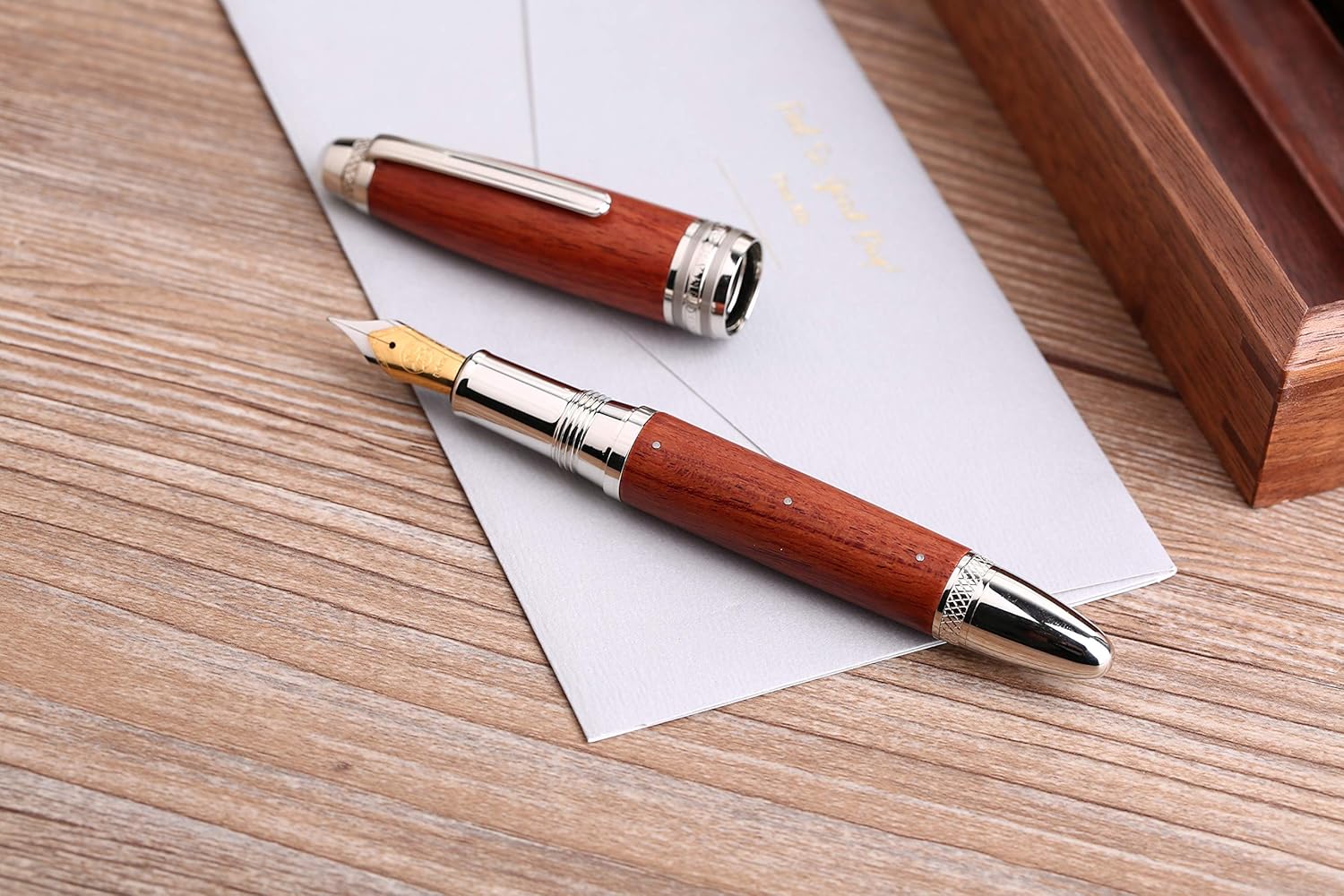 Moonman M1000 Handmade Rosewood Fountain Pen BOCK Fine Nib, Rivet Pearl Top Writing Pen Silver Clip Beautiful Writing Pen
