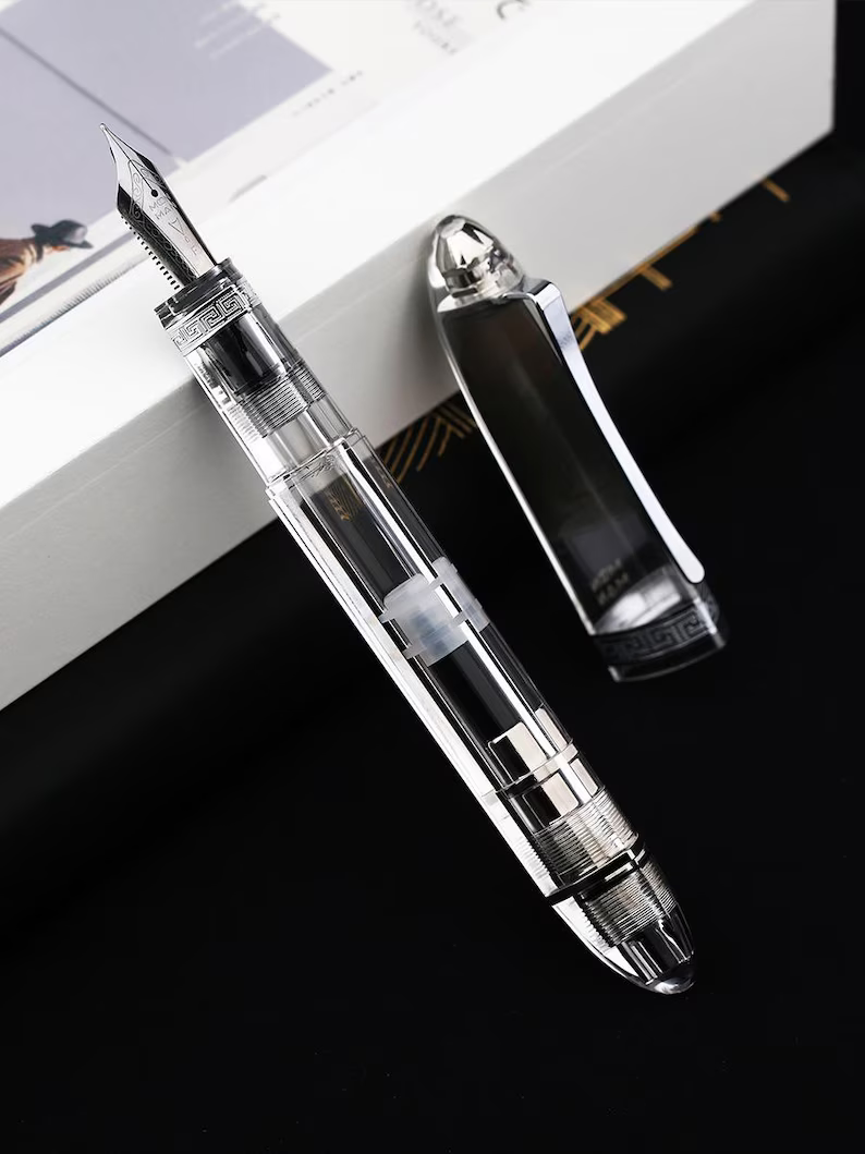 Moonman V60 Clear Transparent Piston Fountain Pen, Fine Nib (0.5mm), Triangular Resin Body, Gift Box Included