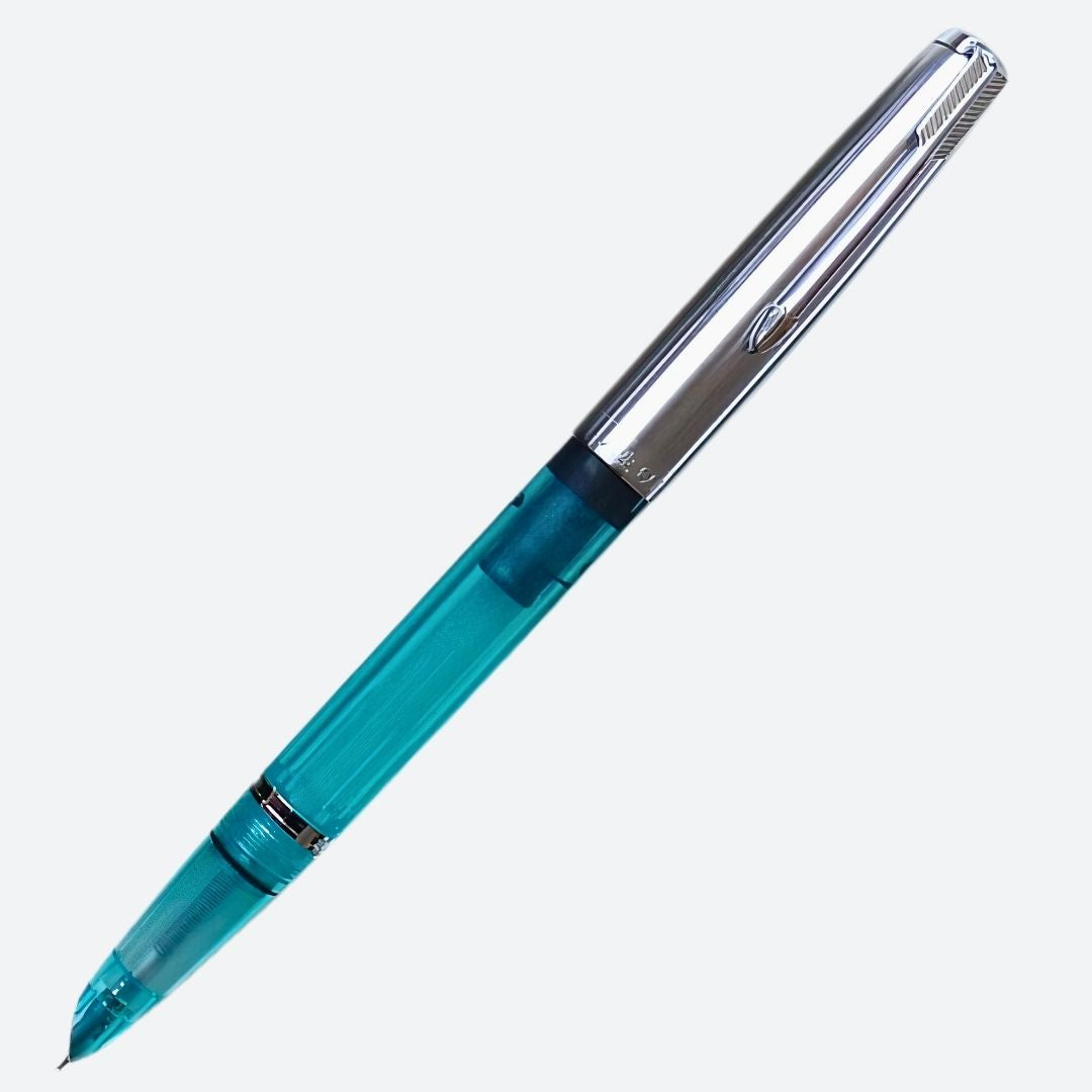 Wing Sung 601 Transparent Blue Vacumatic Fountain Pen – 0.5mm Fine Nib, Resin Body, Steel Cap, Push-Cap with Converter & Box (No Ink)