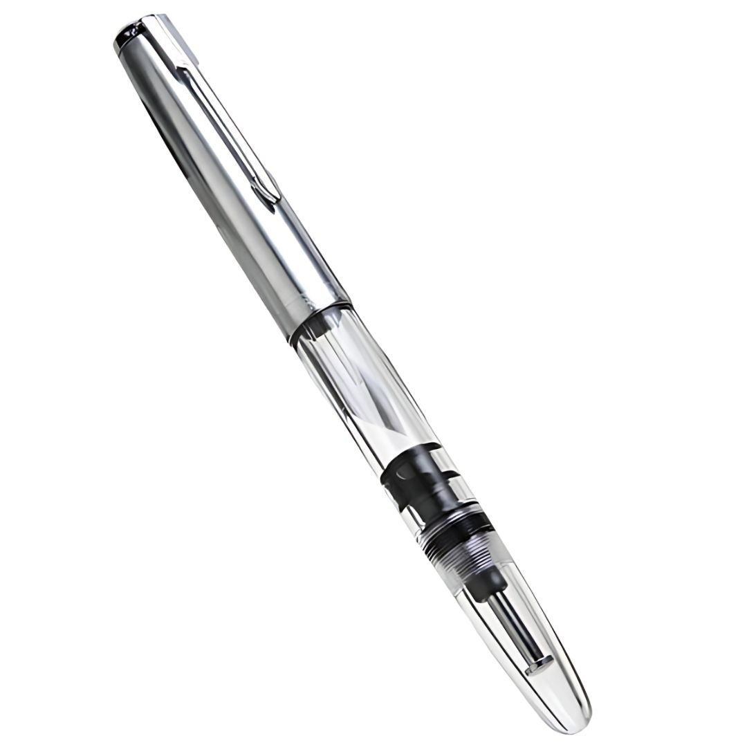 Wing Sung 601 Transparent Vacumatic Fountain Pen – 0.38mm Extra Fine Nib, Resin Body, Steel Cap, Push-Cap with Converter & Box (No Ink)