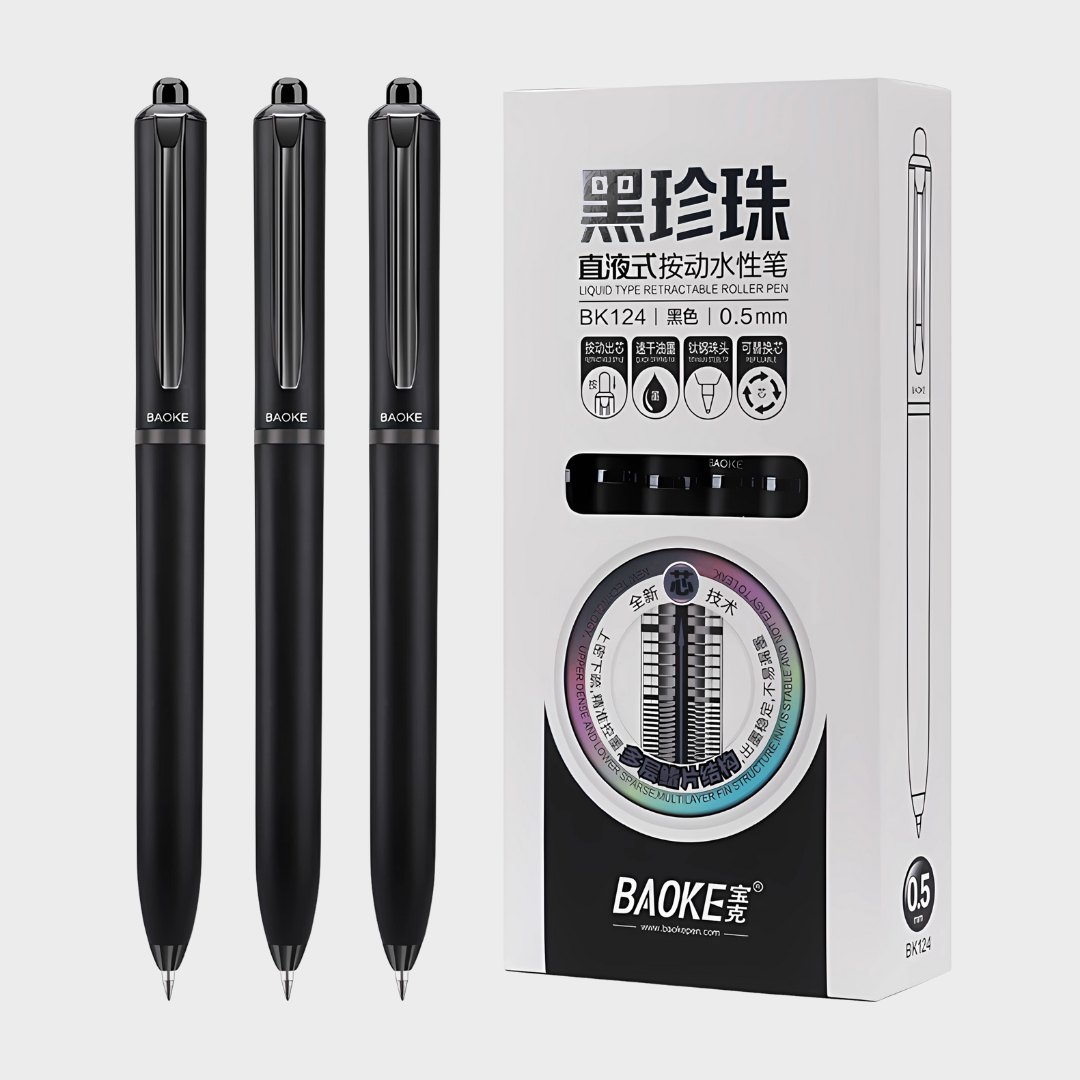 Baoke | Rollerball Pen | 0.5mm | Black Ink | Black Barrel with Shiny Black | BK124