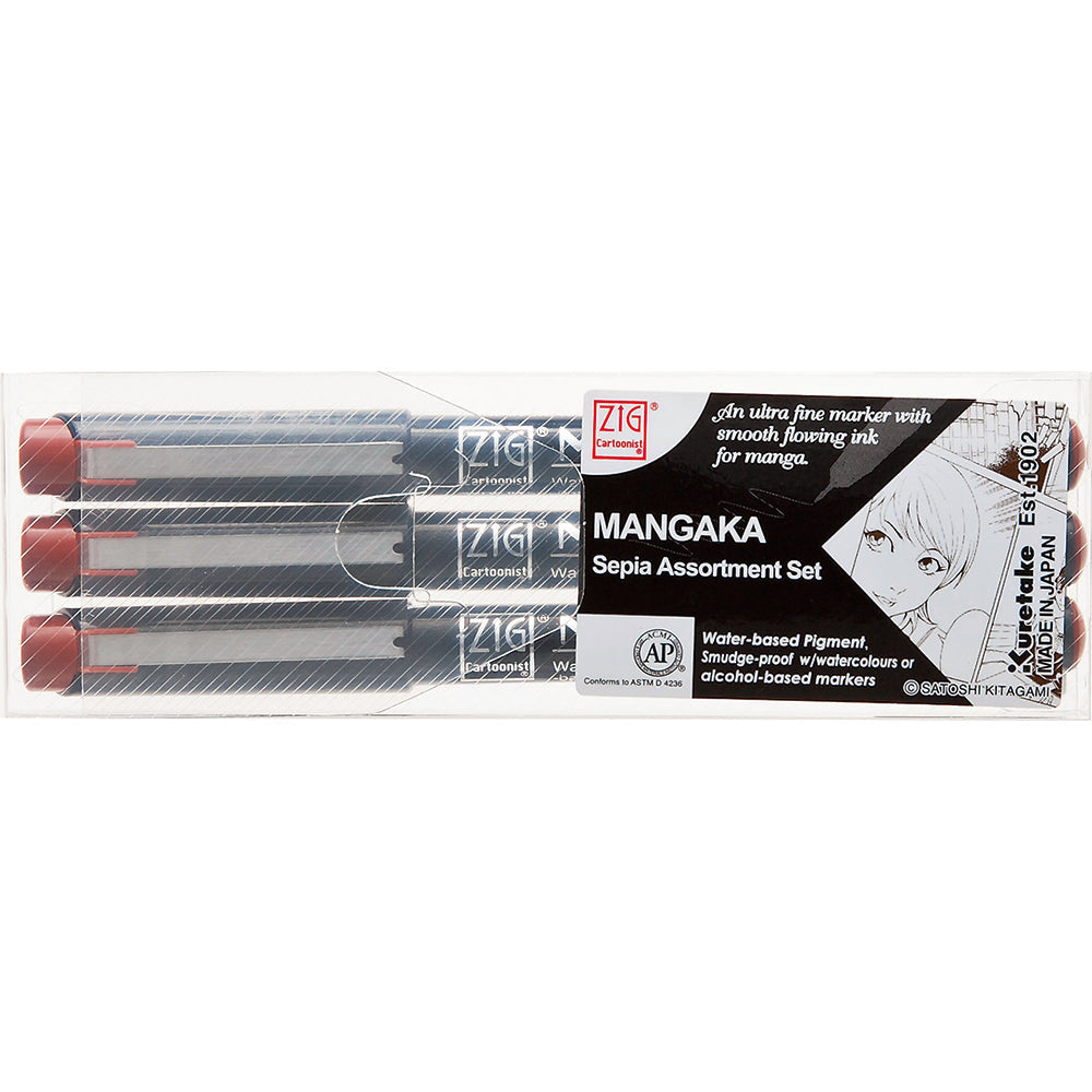 Kuretake | Zig | Cartoonist Mangaka | Sepia | Pack of 3 | CNM/3VSP