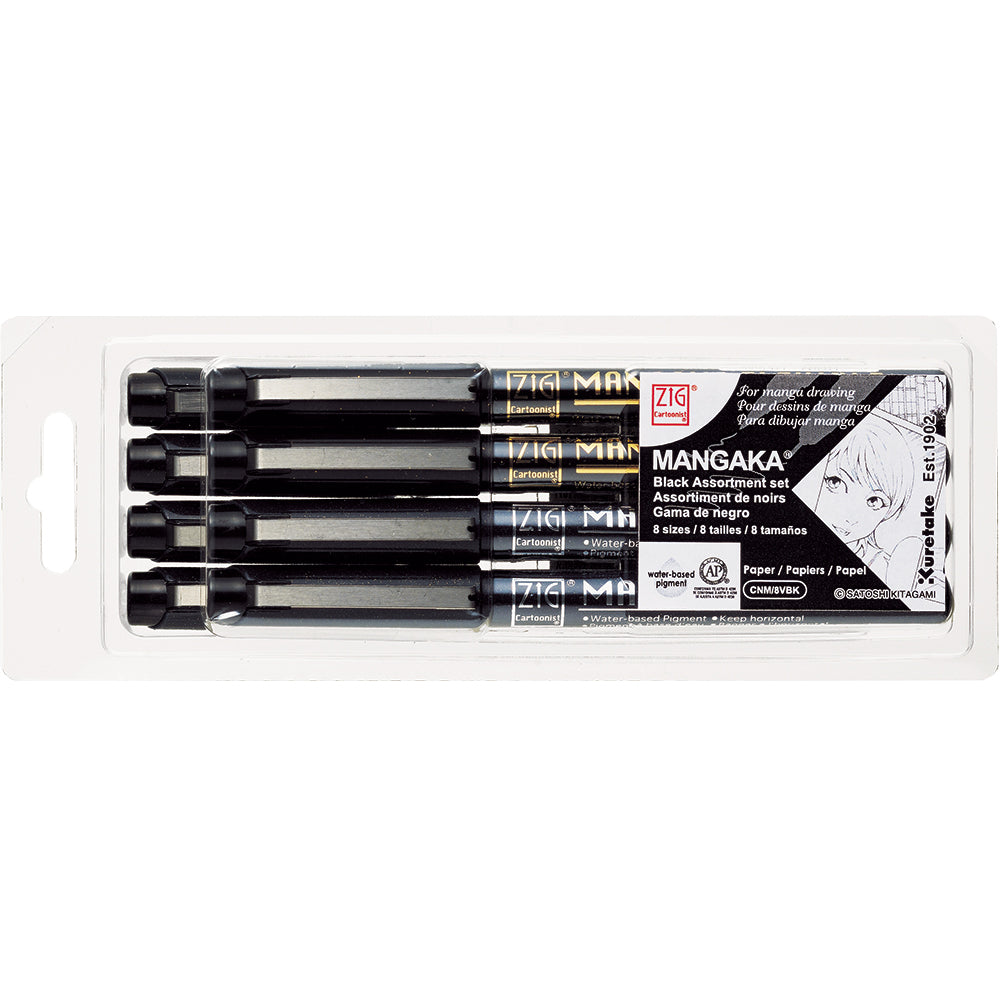 Kuretake | Zig | Cartoonist Mangaka | Black | Pack of 8 | CNM/8VBK
