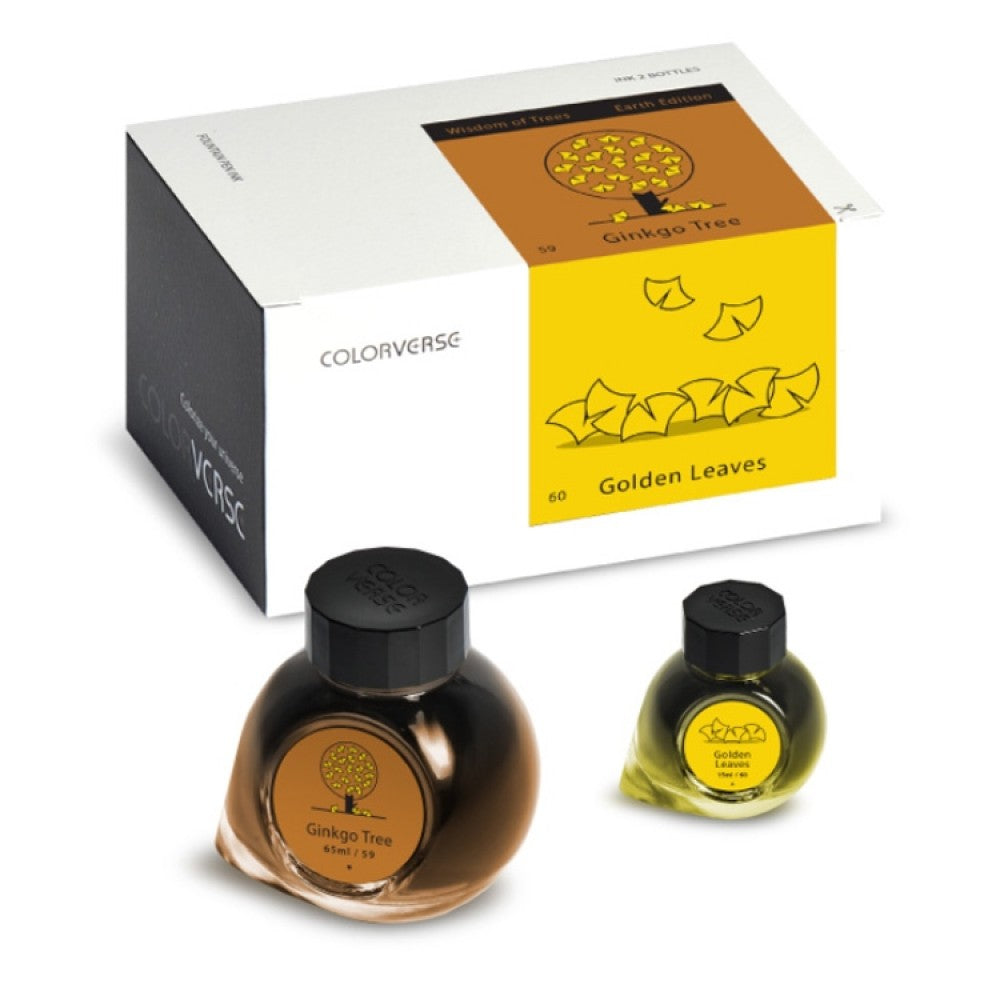 Colorverse | Earth Edition | Ginkgo Tree Light Brown | Golden Leaves Yellow | Fountain Pen Ink | 65ml and 15ml | 2 Bottle Set - penpencilink