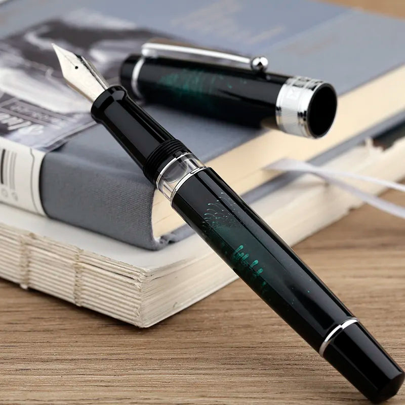 Moonman T5 Piston Fountain Pen – Green Fireworks, Large Ink Capacity, Resin Body, Fine/Medium/Extra Fine Nib, Gift Box Included