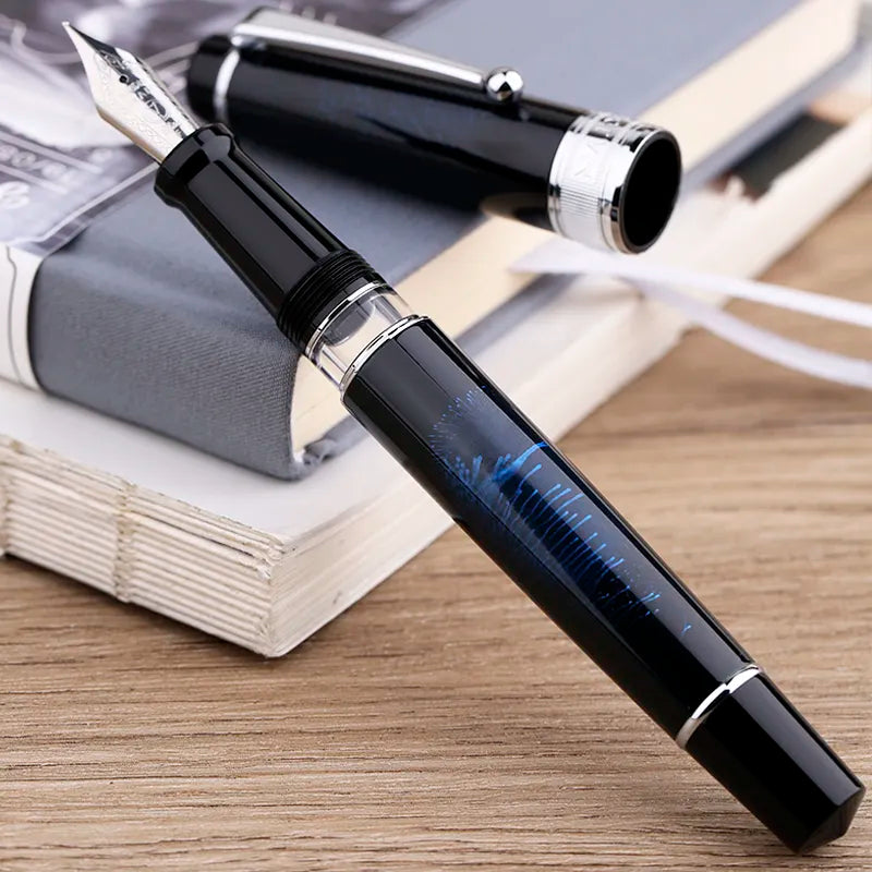 Moonman T5 Piston Fountain Pen – Blue Fireworks, Large Ink Capacity, Resin Body, Fine/Medium/Extra Fine Nib, Gift Box Included