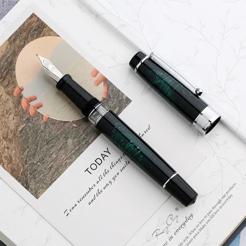 Moonman T5 Piston Fountain Pen – Green Fireworks, Large Ink Capacity, Resin Body, Fine/Medium/Extra Fine Nib, Gift Box Included