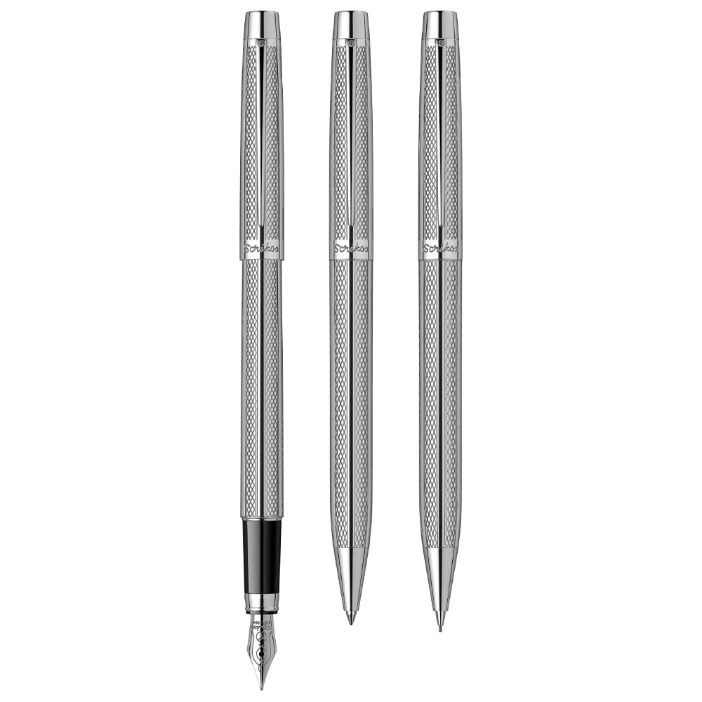 Scrikss | Venus 722 | Medium Nib Fountain + Ballpoint Pen +0.7mm Mechanical Pencil Set | Chrome CT