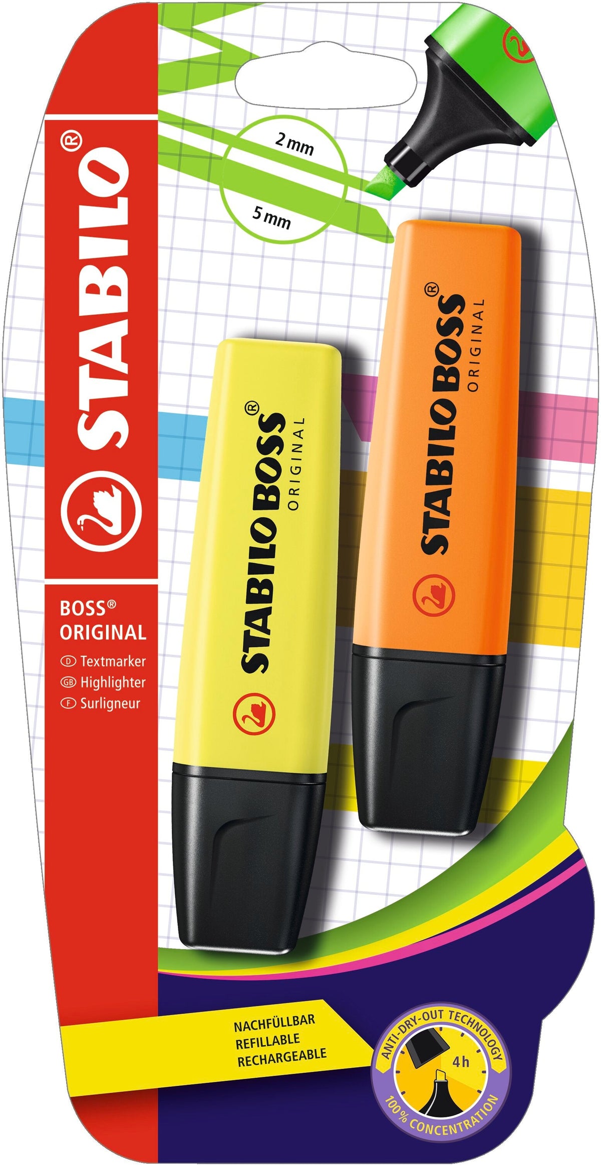 Stabilo Boss Highlighter Cardb-Pack Of 2 Blister-Yellow/Orange