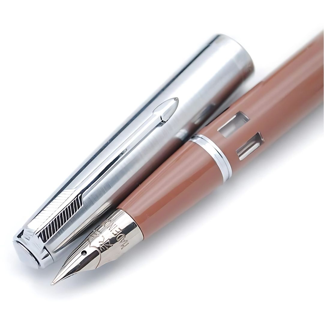 Wing Sung 601A Brown Steel Cap Vacumatic Fountain Pen with Ink Window – 0.5mm Fine Nib, Resin Body, Push-Cap with Converter & Box (No Ink)