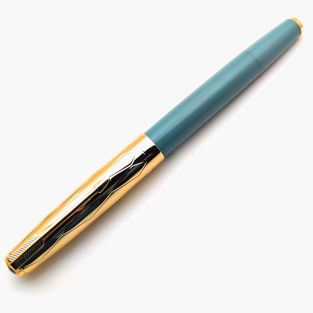 Wing Sung 601A Sky Blue Vacumatic Fountain Pen with Golden Cap – 0.5mm Fine Nib, Ink Window Pen, Resin Body, Push-Cap with Converter & Box (No Ink)