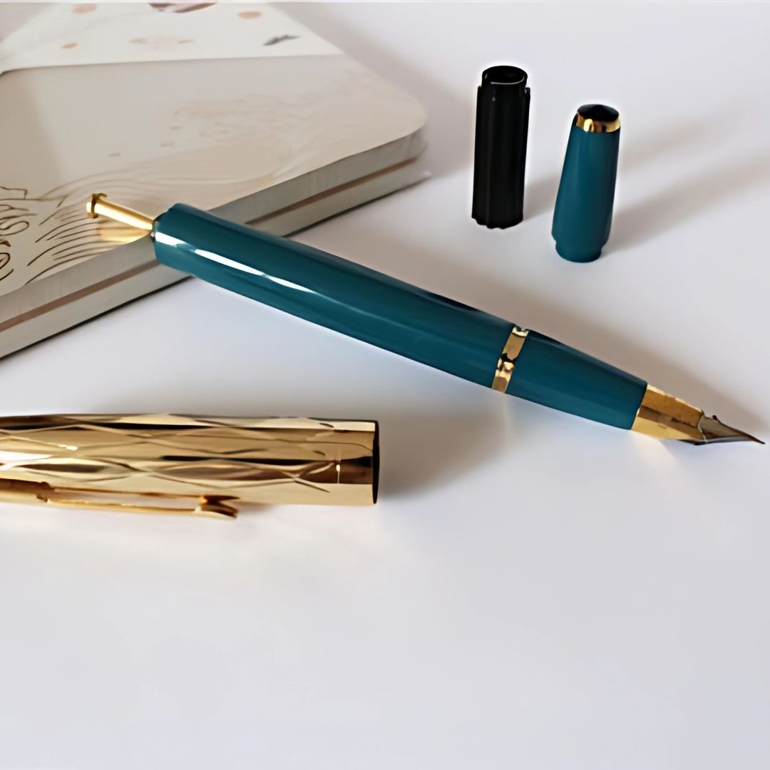 Wing Sung 601A Blue-Green Vacumatic Fountain Pen with Golden Cap – 0.5mm Fine Nib, Ink Window Pen, Resin Body, Push-Cap with Converter & Box (No Ink)
