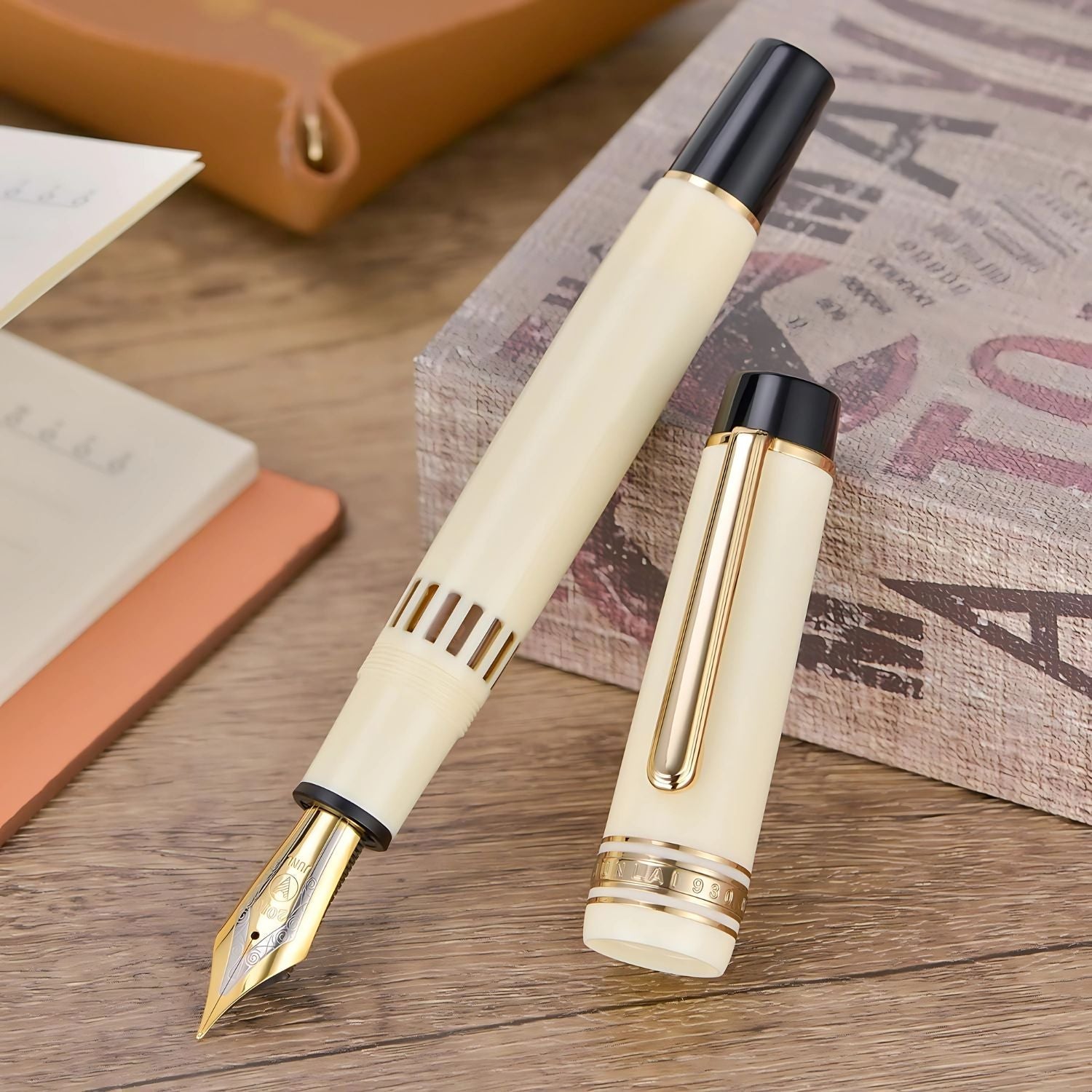 WingSung Junlai 930 Acrylic Fountain Pen – Flat Top Design with Piston Filling System, Size #9 Iridium Nib in Fine, Medium & Broad – Ivory White Body with Gold Trim (No Ink)