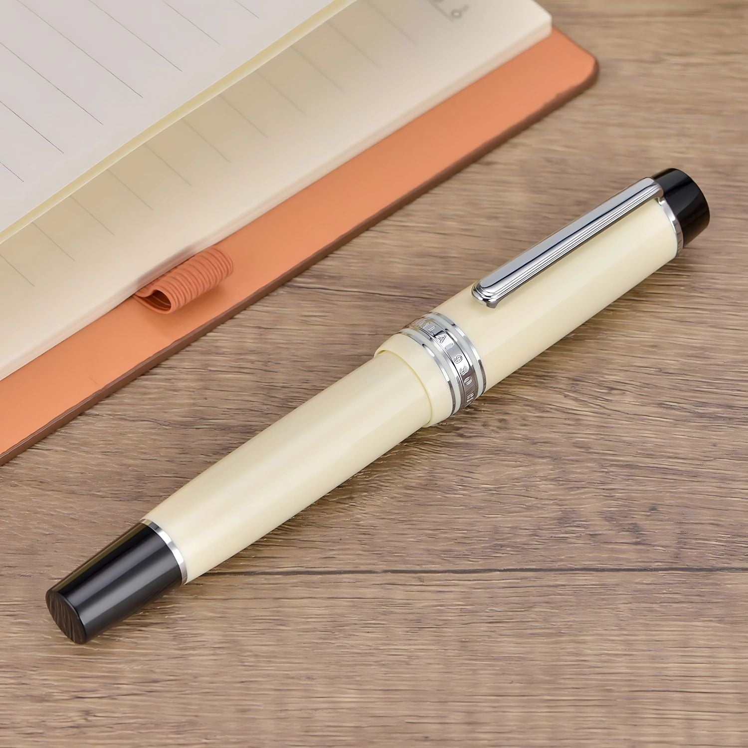 WingSung Junlai 930 Acrylic Fountain Pen – Flat Top Design with Piston Filling System, Size #9 Iridium Nib in Fine, Medium & Broad – Ivory White Fence Ink Tank with Silver Trim (No Ink)