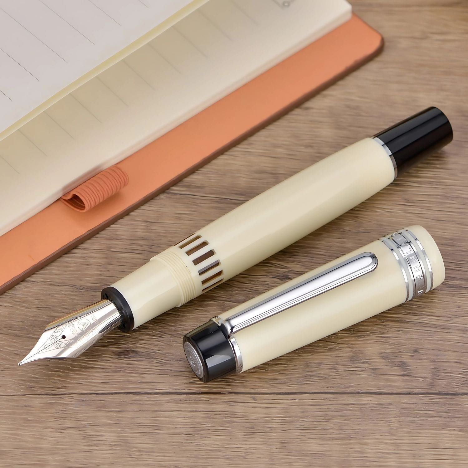 WingSung Junlai 930 Acrylic Fountain Pen – Flat Top Design with Piston Filling System, Size #9 Iridium Nib in Fine, Medium & Broad – Ivory White Fence Ink Tank with Silver Trim (No Ink)