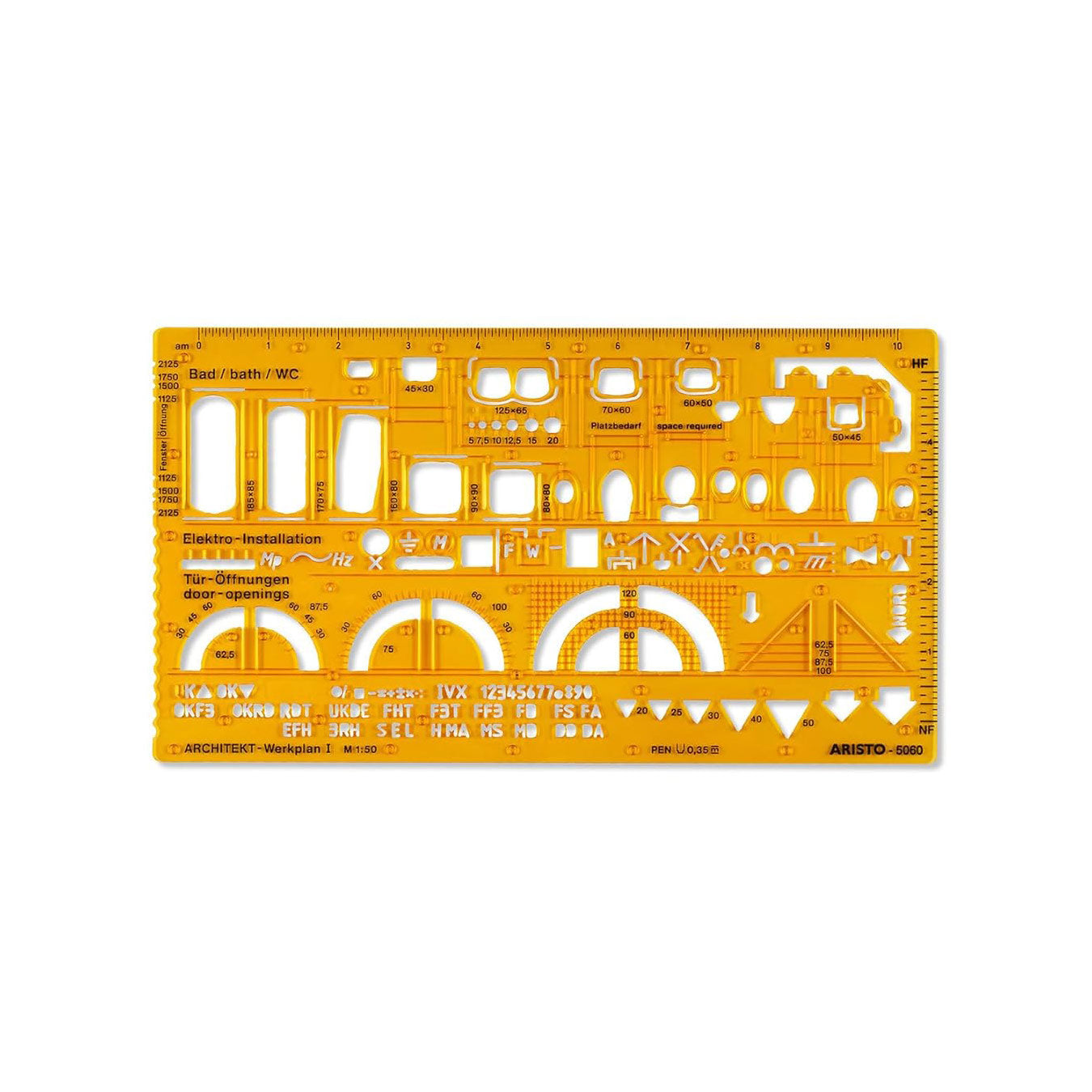 Aristo | Architecture Combination | Stencil 1 1:50 Symbols | Nubs Dimensionally Stable | Orange-Transparent PET Plastic