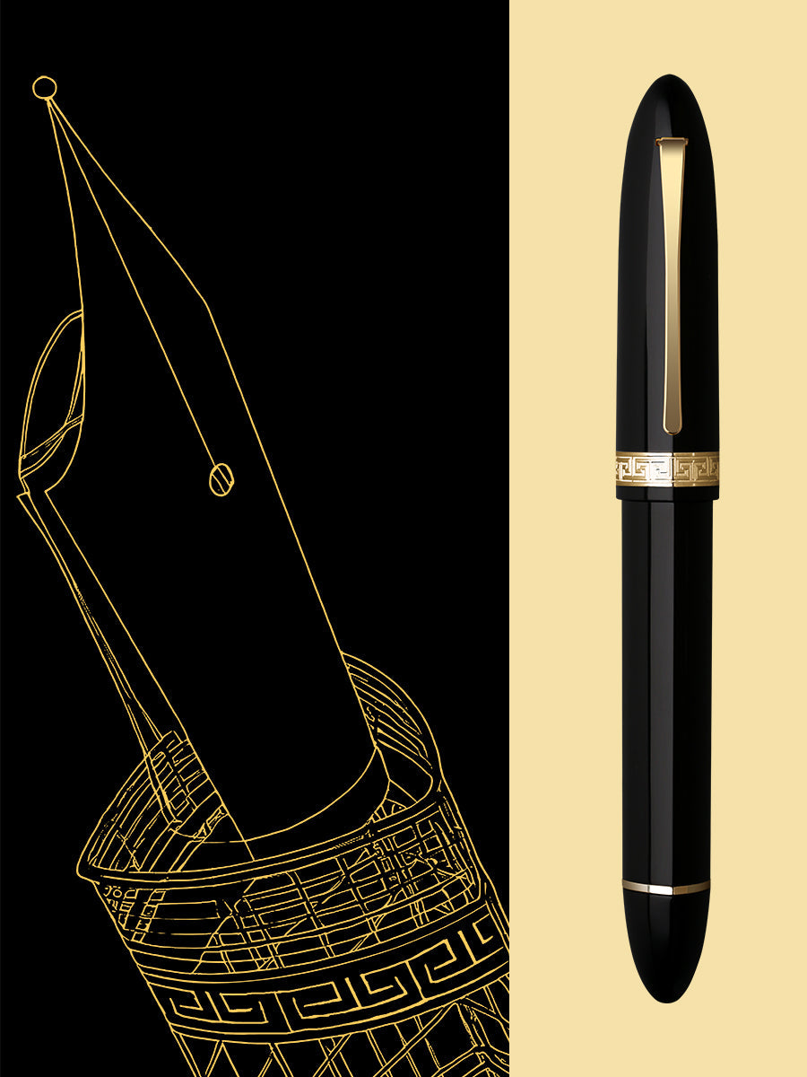Moonman V60 Triangular Piston Fountain Pen – Ergonomic Fine Writing Instrument with Resin Body And Gift Box (Black With Golden Clip And Trim)