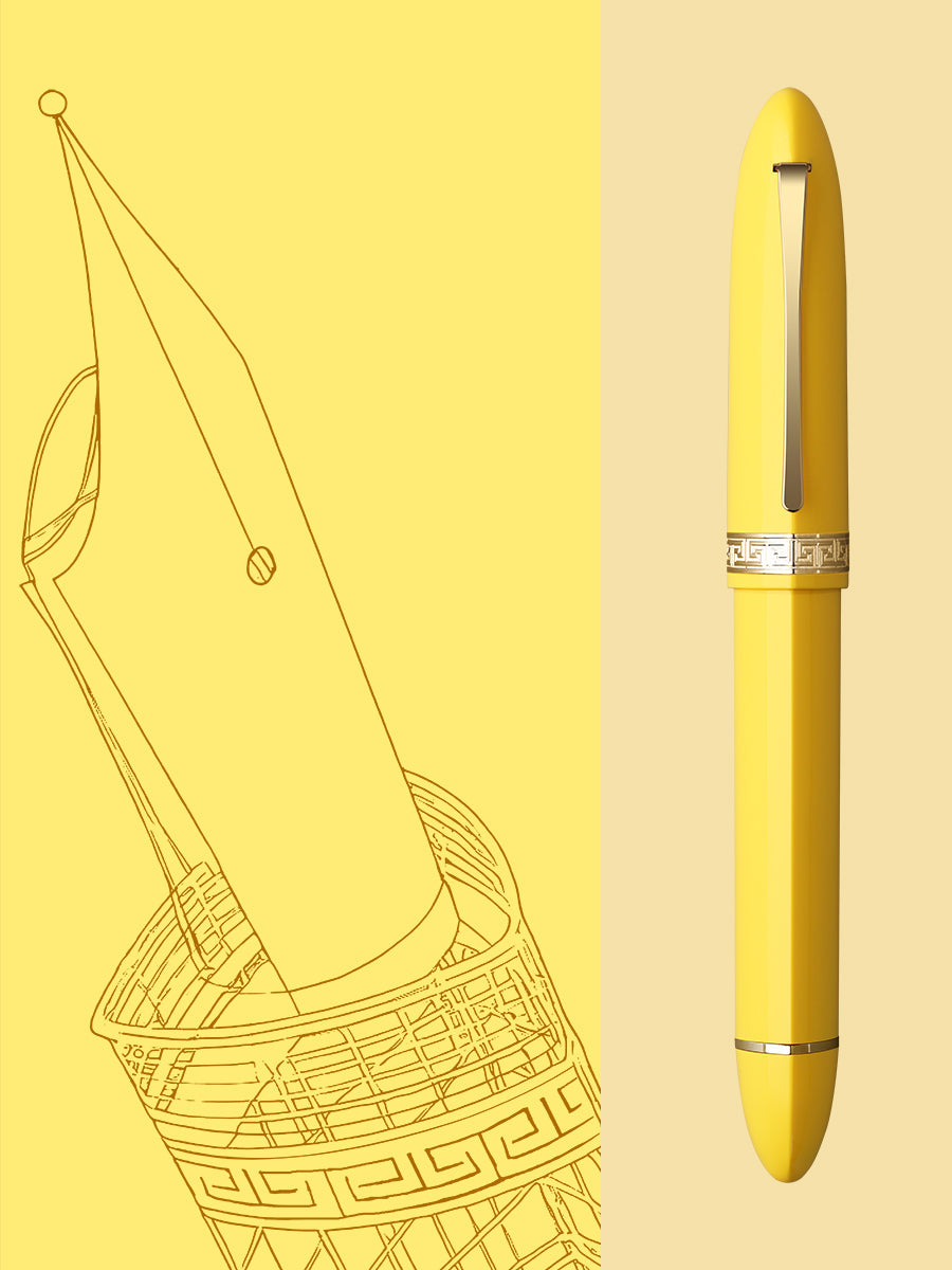 Moonman V60 Triangular Piston Fountain Pen – Ergonomic Fine Writing Instrument with Resin Body And Gift Box (Yellow With Gold Trim & Clip)