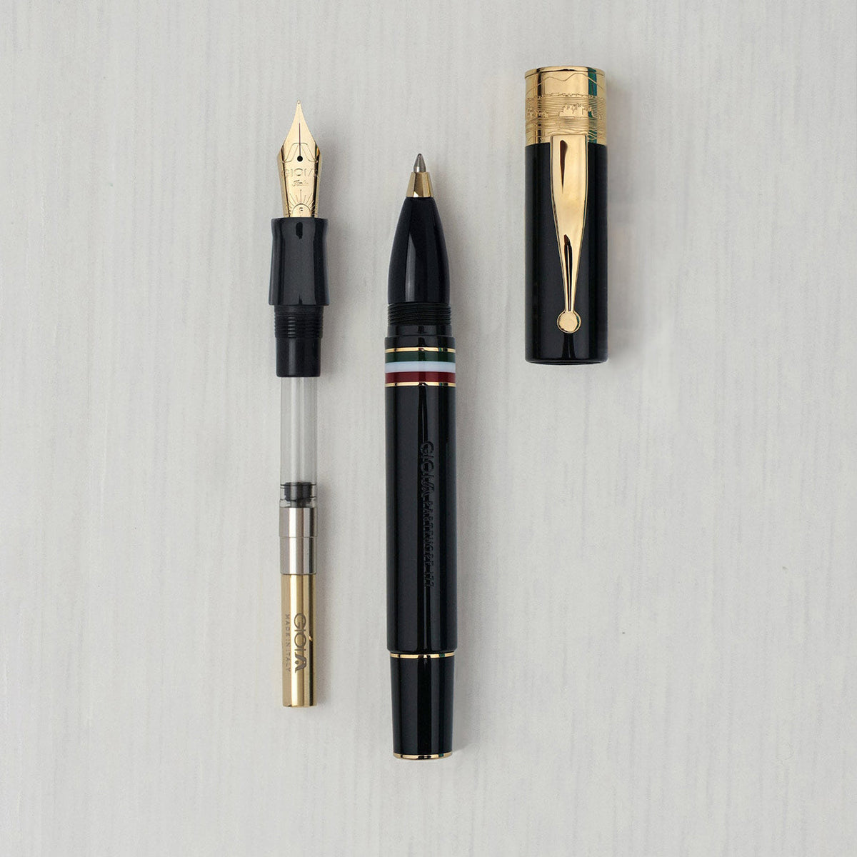 GIOIA Partenope Black Fountain Pen and Rollerball – Gold Trim