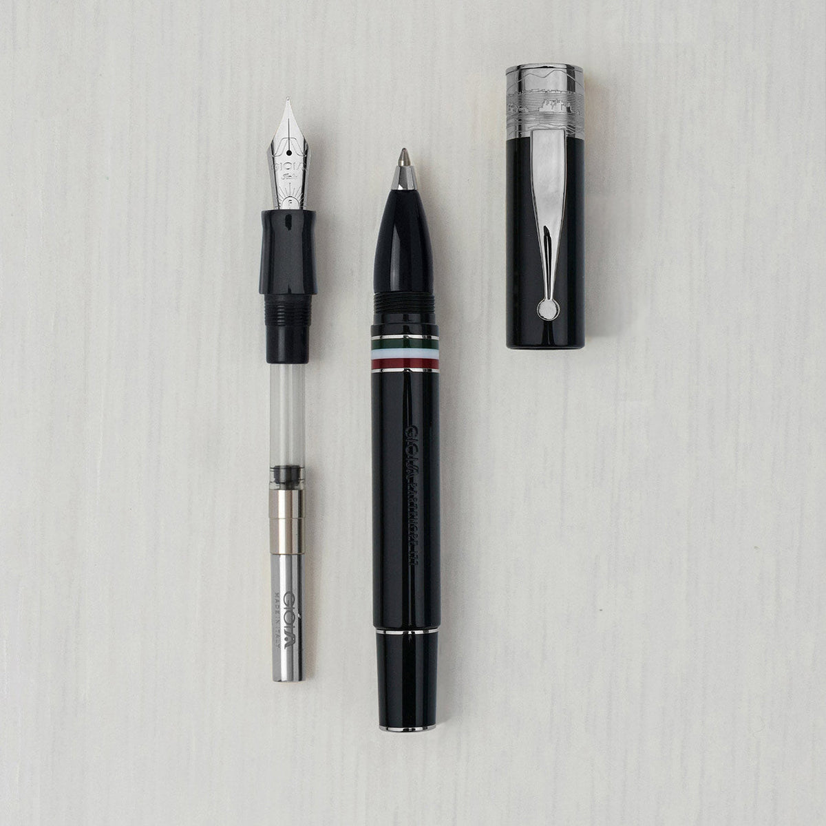 GIOIA Partenope Black Fountain Pen and Rollerball – Ruthenium Trim
