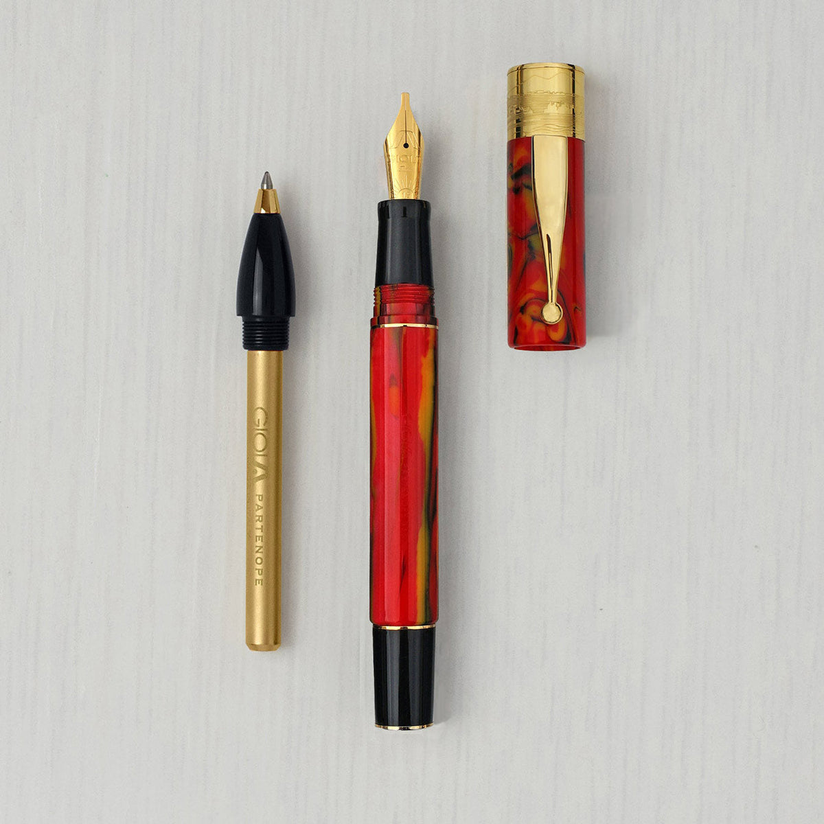GIOIA Partenope Fiamma Flame Fountain Pen and Rollerball – Gold Trim