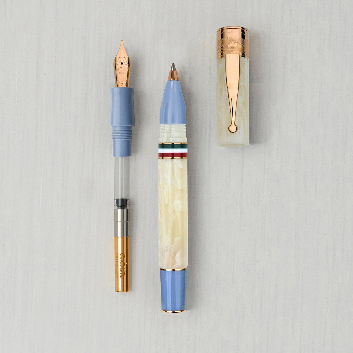 GIOIA Partenope Ivory Blue Fountain Pen and Rollerball – Rose Gold Trim