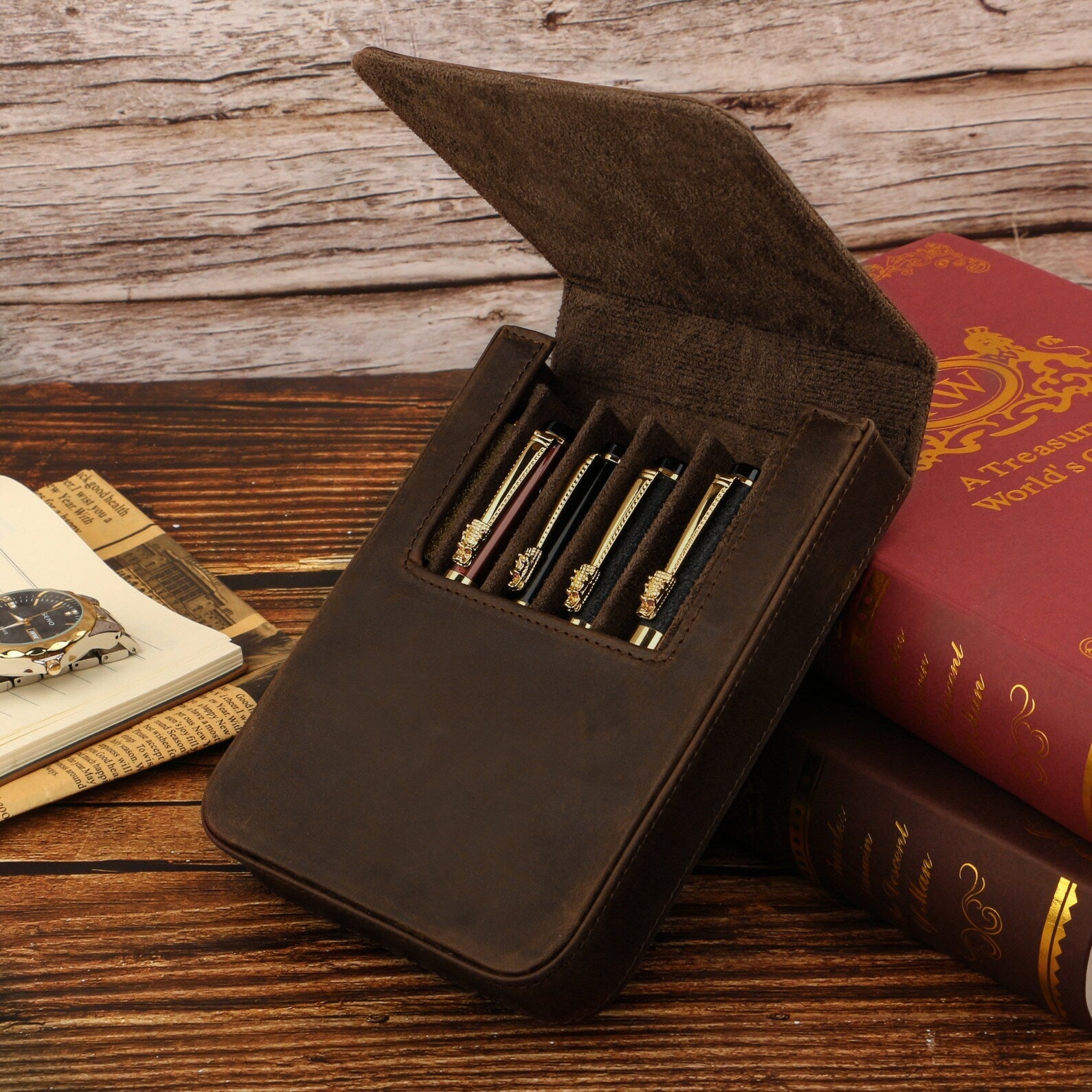 Moonman Leather 6 Slots Pen Case with Removable Pen Tray – Dust-proof Storage & Protection Box