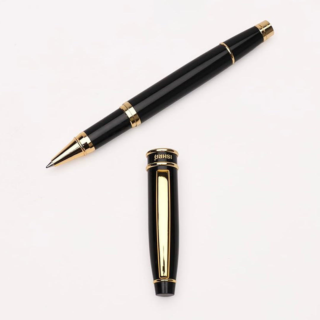 Ishra | Rollerball Pen | Luxury Metal Body | Gold Trims | Black