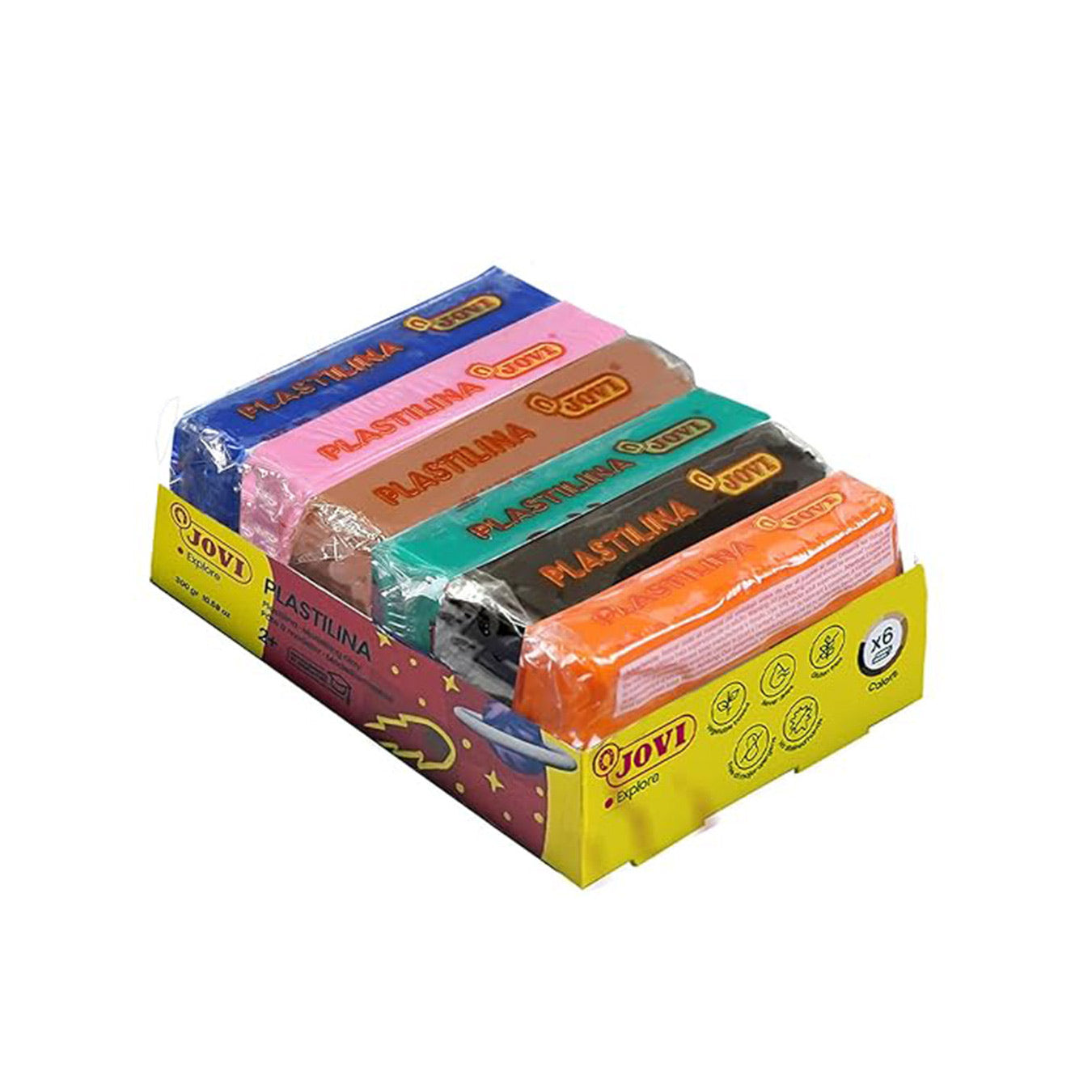 Jovi Plastilina Orange Pink Flesh Light Green Dark Blue Black Non-Drying Non-Toxic Modelling Clay for Art & Craft Pack of 6 Bars 50gms Each Fine Motor Skills Moulding Pottery Sculpting with Dough