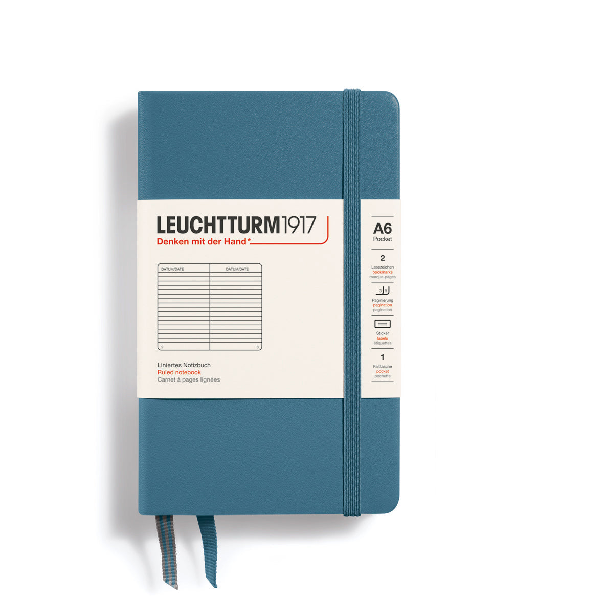LEUCHTTURM1917 Hardcover Notebook Pocket (A6), Ruled, 187 Pages - Stone Blue