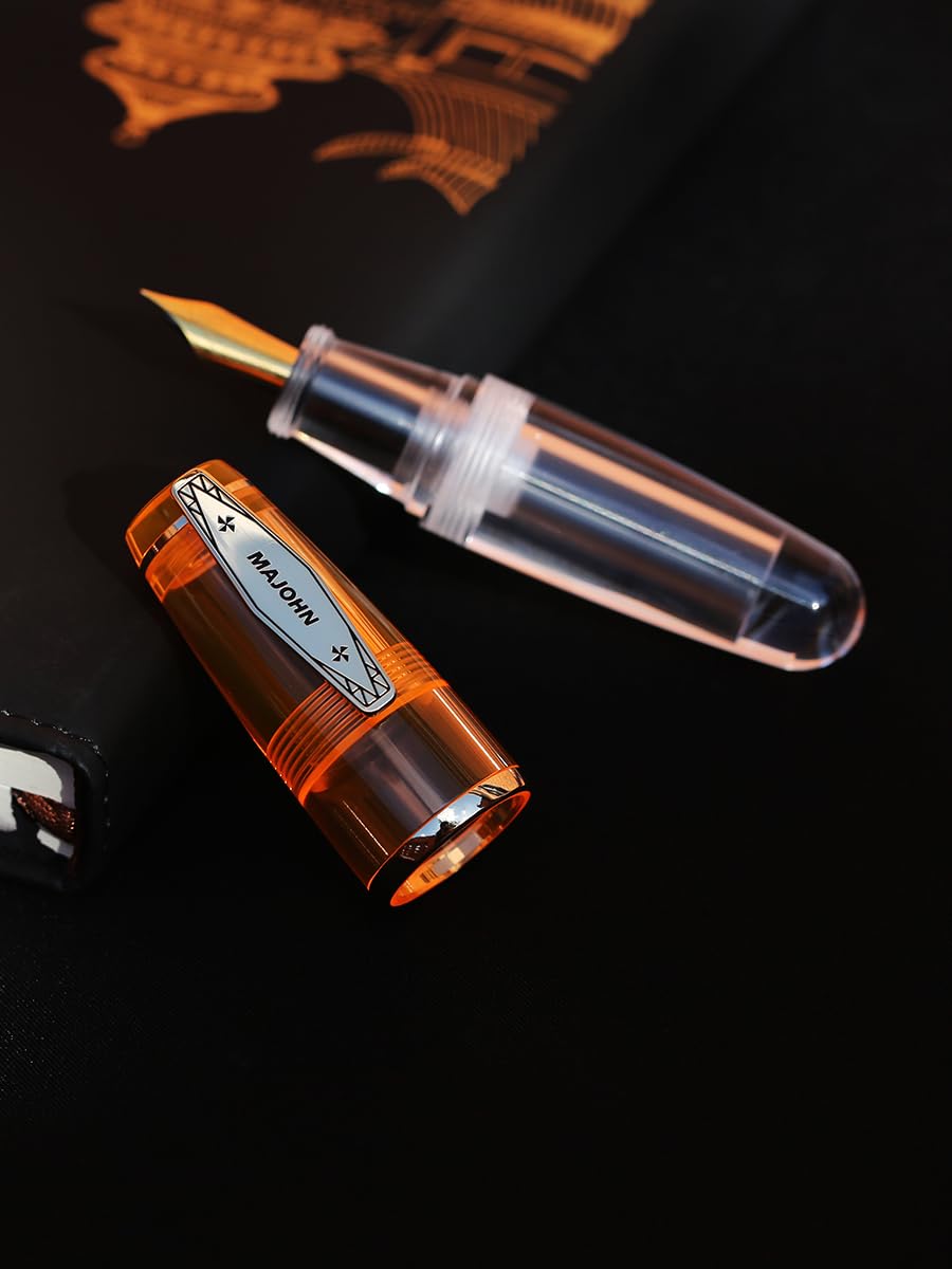 MAJOHN Q3 Mini Eyedropper Fountain Pen, Transparent Resin Short Pocket Pen, Iridium Fine Nib Large Capacity Writing Pen Case Set (Orange)