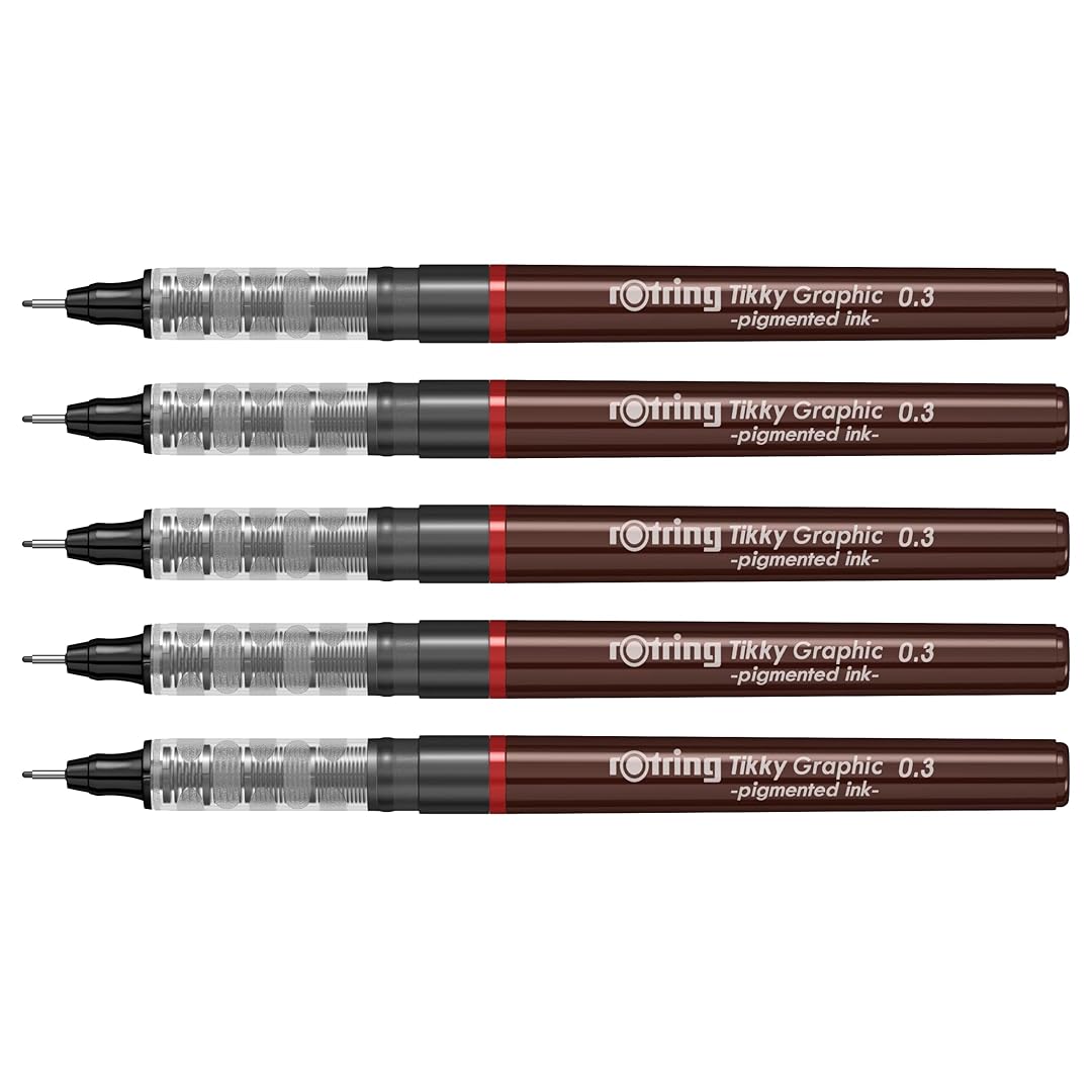 Rotring | Tikky | Graphic Fineliner | Black Pigment Lightfast | 0.3mm | 5 Pen Set