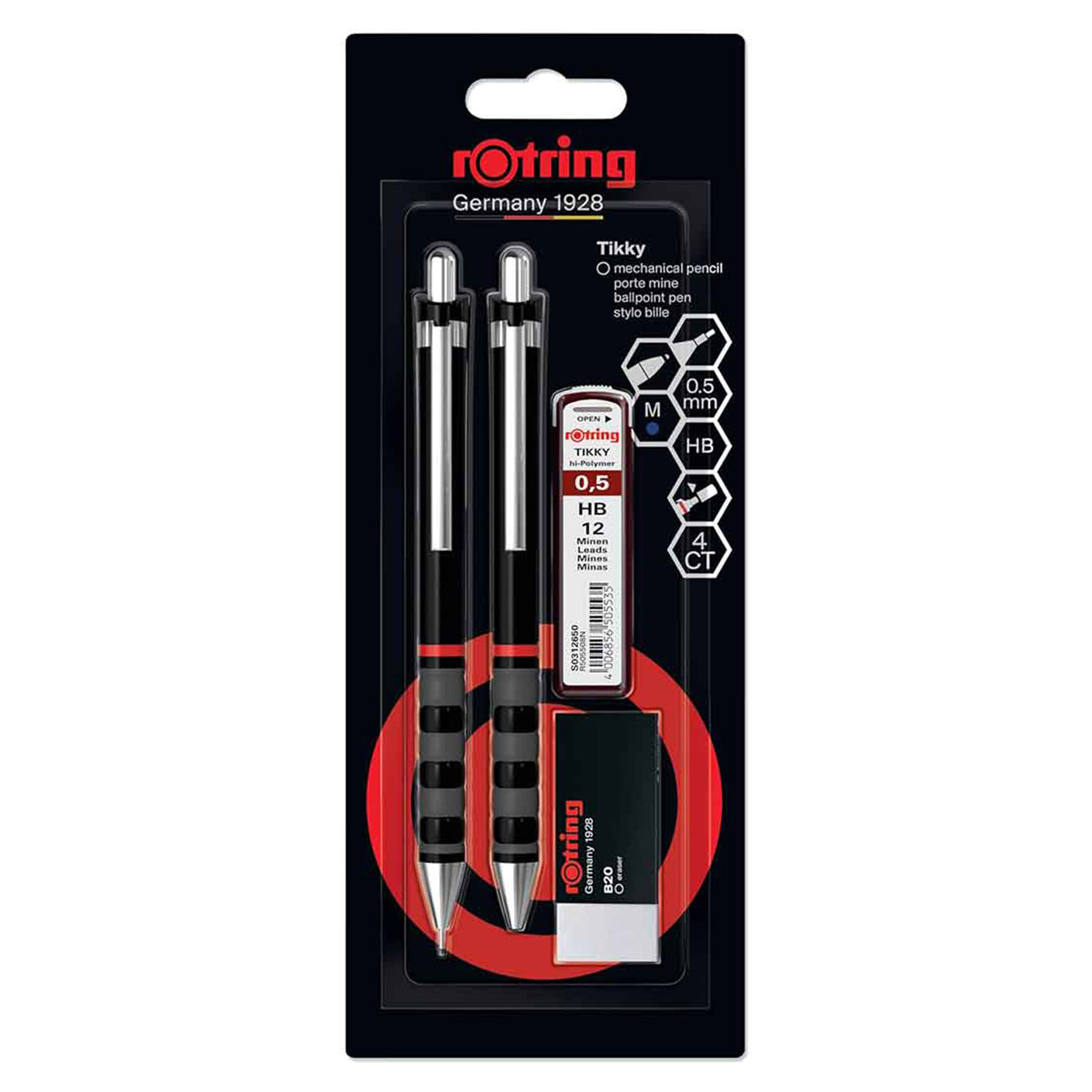 Rotring | Tikky | Mechanical Pencil, Ballpoint, Eraser & Lead Refills Set | HB Lead, 0.5 mm Pencil | Medium Point Pen | Black Barrel | Lightweight with Rubberised Grip