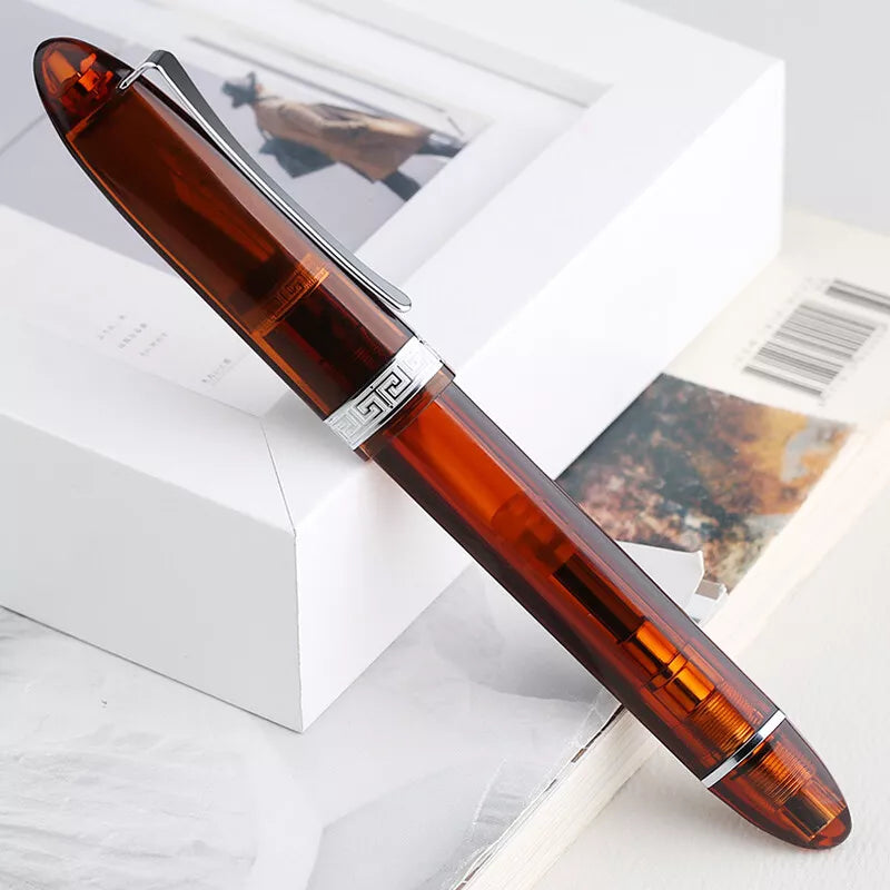 Moonman V60 Brown Transparent Piston Fountain Pen, Fine Nib (0.5mm), Triangular Resin Body, Gift Box Included