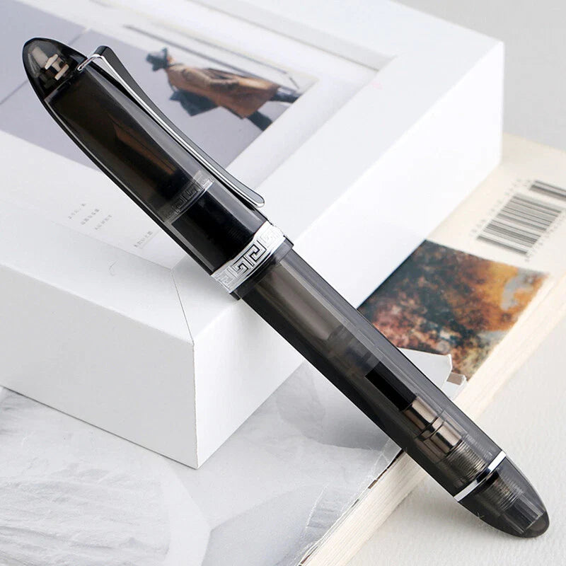 Moonman V60 Grey Transparent Piston Fountain Pen, Fine Nib (0.5mm), Triangular Resin Body, Gift Box Included