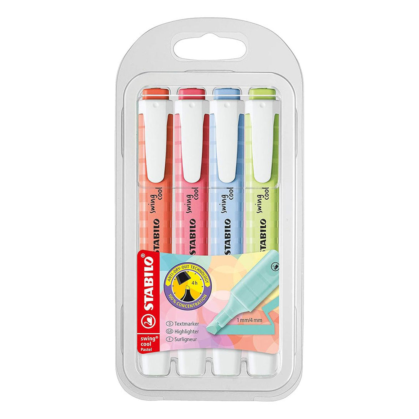Stabilo | Swing Cool | Highlighter Pen | Pack of 4 | Cherry Blossom Pink, Dash of Lime, Cloudy Blue, Mellow Coral Red