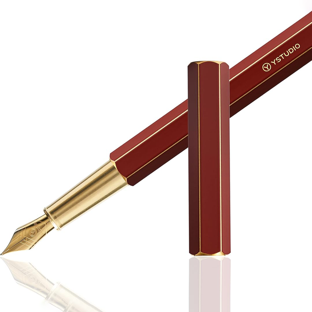 Ystudio Classic Revolve Fountain Pen – Red Hexogon | Medium Nib