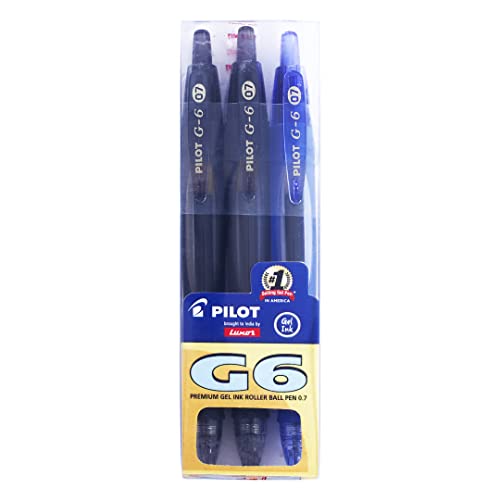 Pilot G6 Premium Rolling Ball Gel Pens Combo, Pack of 3 (2 Black & 1 Blue)