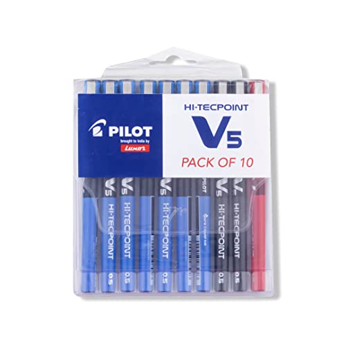 Pilot V5 Roller Fine Ball Pen Pack of 10 (7 Blue, 2 Black, 1 Red)