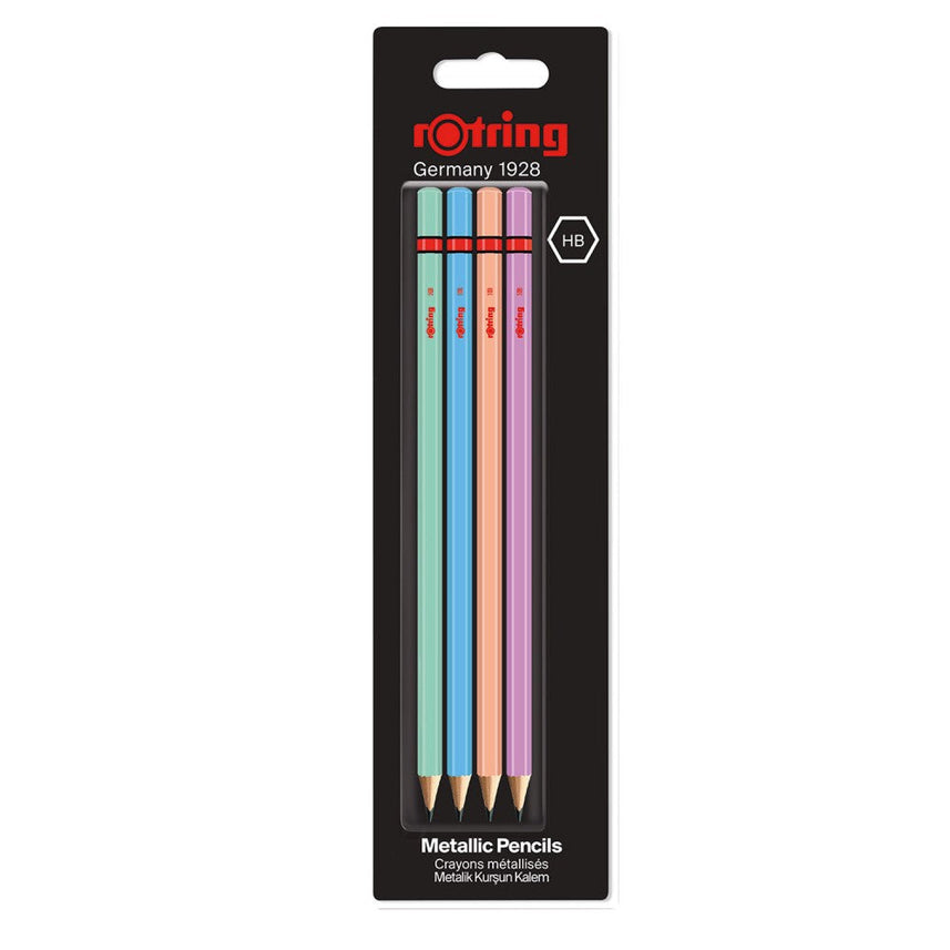 Rotring | Woodcase | HB Graphite Pencil | Metallic Assorted Colours | Blister Pack of 4 Wooden Pencils