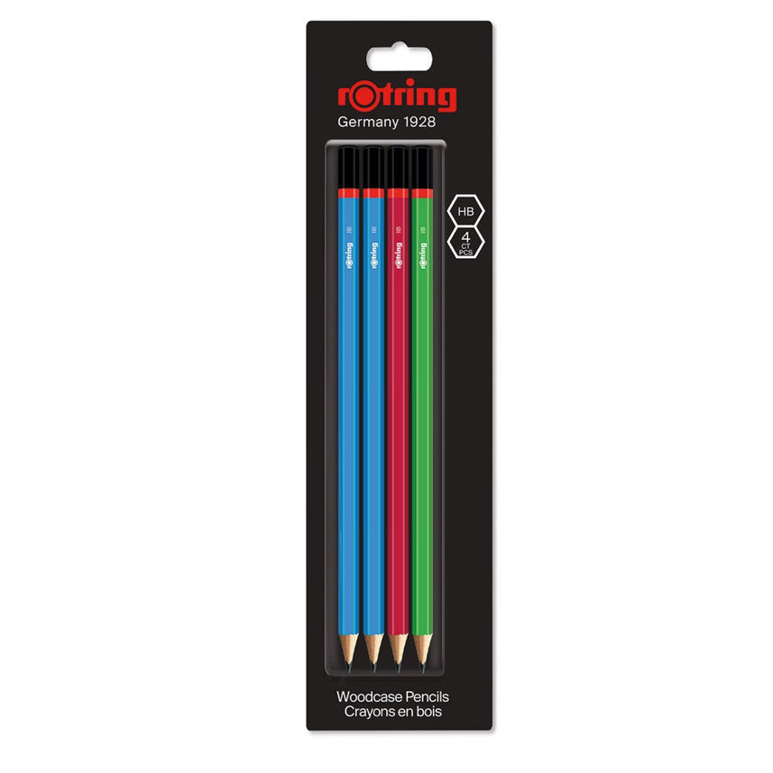 Rotring | Woodcase | HB Graphite Pencil | Core Assorted Colours | Blister Pack of 4 Wooden Pencils