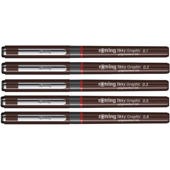 Rotring | Tikky | Graphic Fineliner | Black Pigment Lightfast | 5 Pen Set | 0.1, 0.2, 0.3, 0.5, 0.8mm