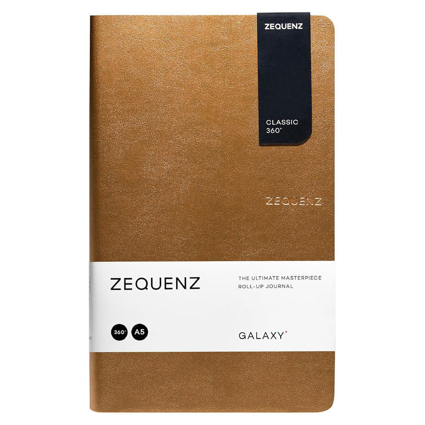 Zequenz A6- Size Matte Gold Notebook Ruled Acid Free Paper 256 Pages 70GSM 360 Degree Flexibility 100% Handmade PU and White paper Galaxy Series Bookmark Included