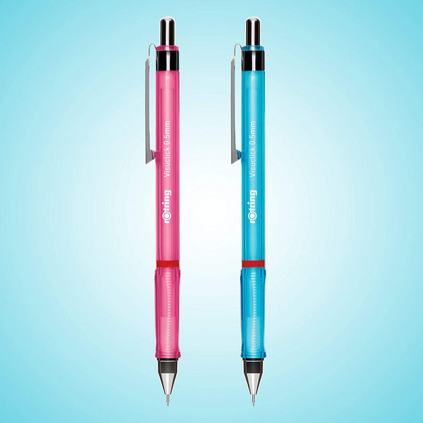 Two rOtring Visuclick 0.7mm mechanical pencils with triangular grips, one in pink and one in blue, with visible erasers and branding on the blue barrels.