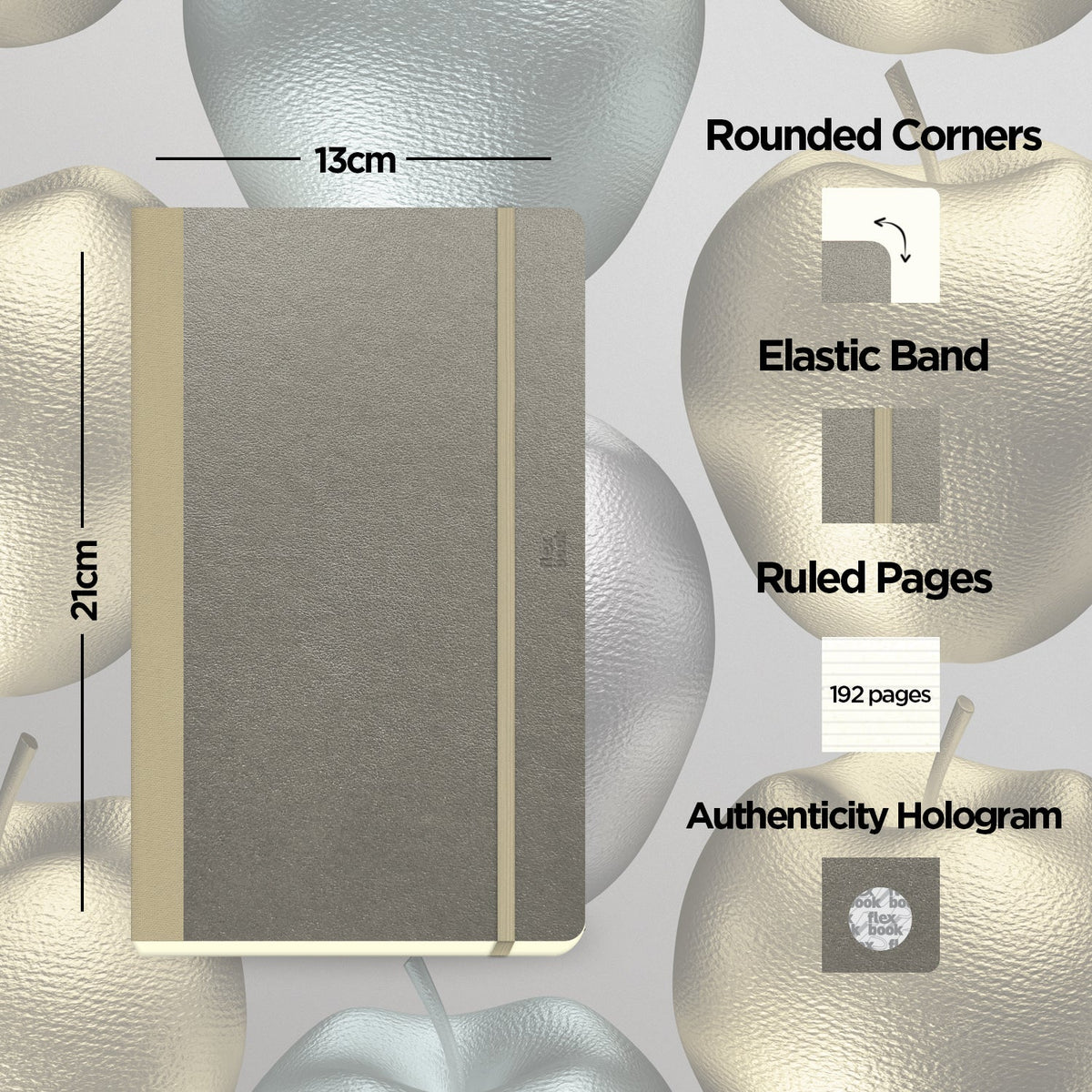 Flexbook A5 Medium Size Ruled Lined Notebook 192 Pages - Silver Applestars