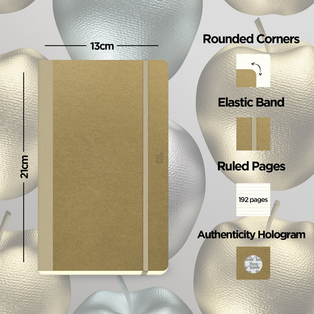 Flexbook A5 Medium Size Ruled Lined Notebook 192 Pages - Gold Applestars